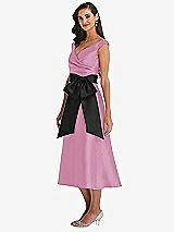 Side View Thumbnail - Powder Pink & Black Off-the-Shoulder Bow-Waist Midi Dress with Pockets