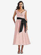 Front View Thumbnail - Rose & Black Off-the-Shoulder Bow-Waist Midi Dress with Pockets