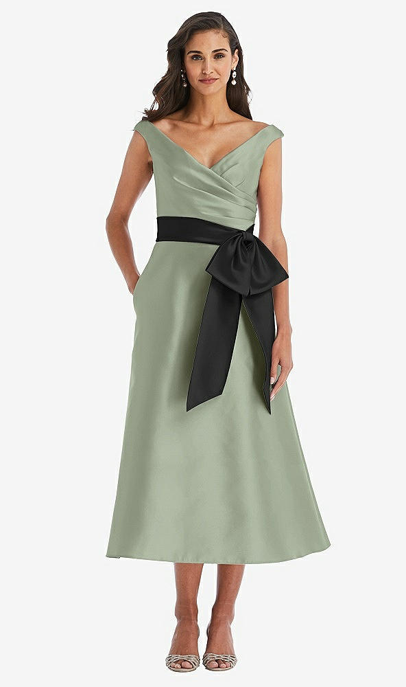 Front View - Sage & Black Off-the-Shoulder Bow-Waist Midi Dress with Pockets