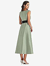 Rear View Thumbnail - Sage & Black Off-the-Shoulder Bow-Waist Midi Dress with Pockets