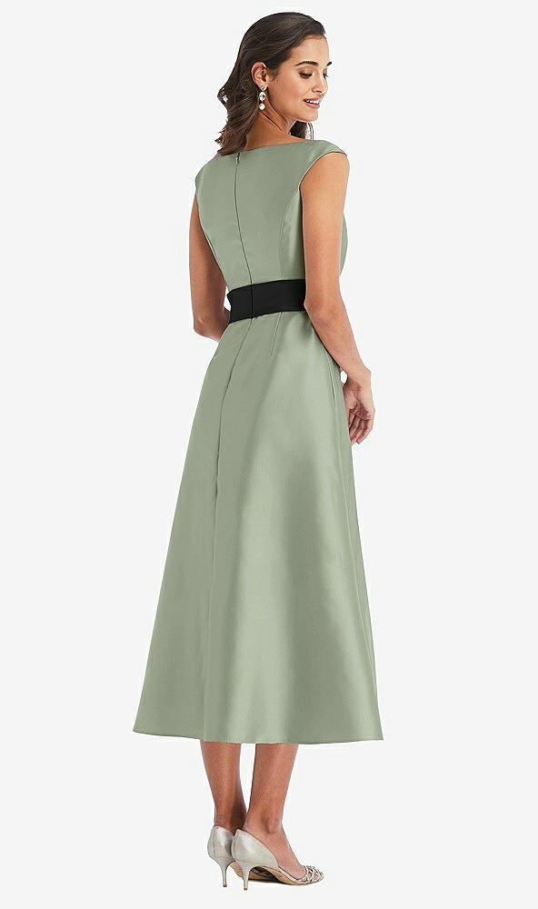 Back View - Sage & Black Off-the-Shoulder Bow-Waist Midi Dress with Pockets