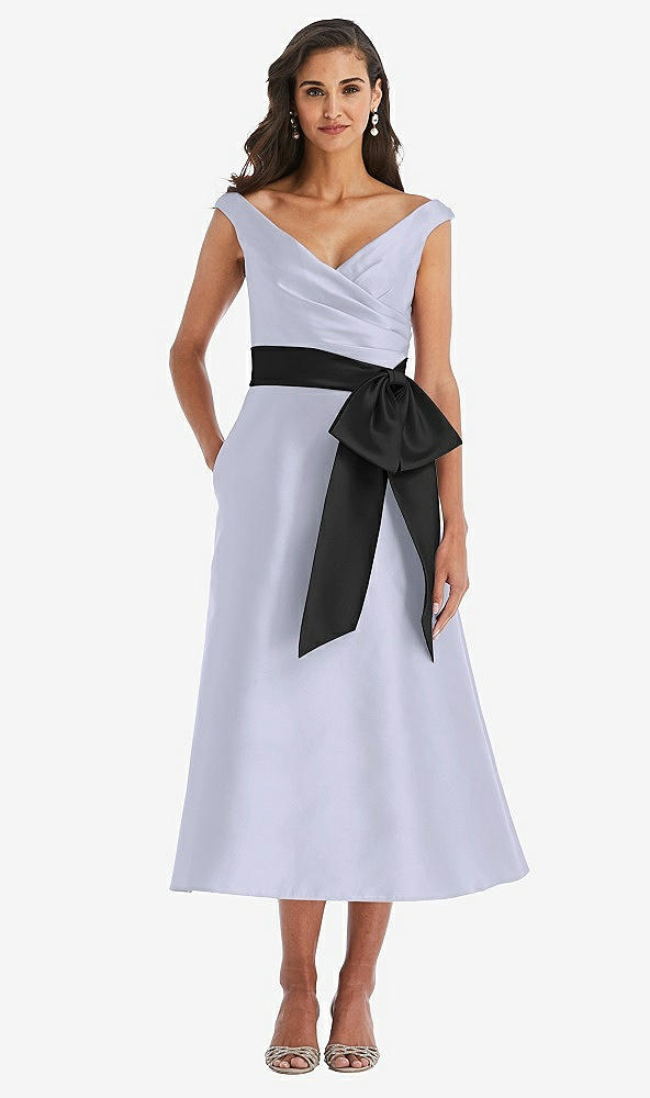Front View - Silver Dove & Black Off-the-Shoulder Bow-Waist Midi Dress with Pockets