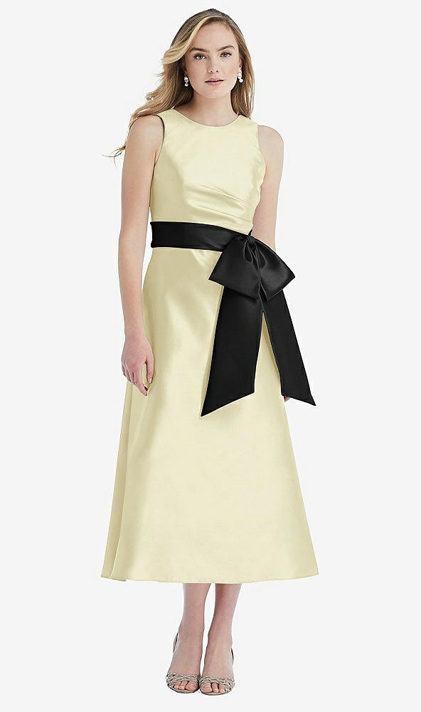 Front View - Butter Yellow & Black High-Neck Bow-Waist Midi Dress with Pockets
