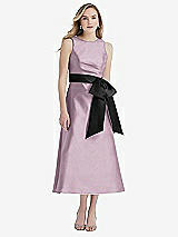 Front View Thumbnail - Suede Rose & Black High-Neck Bow-Waist Midi Dress with Pockets