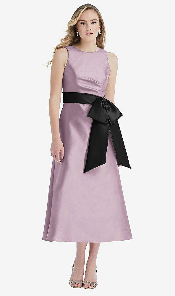 Front View - Suede Rose & Black High-Neck Bow-Waist Midi Dress with Pockets