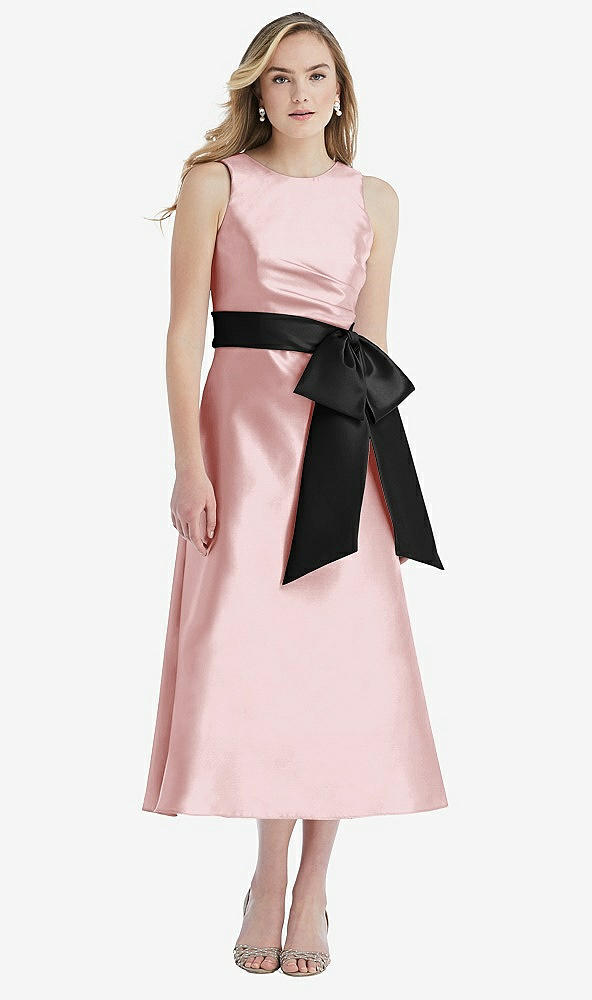 Front View - Ballet Pink & Black High-Neck Bow-Waist Midi Dress with Pockets