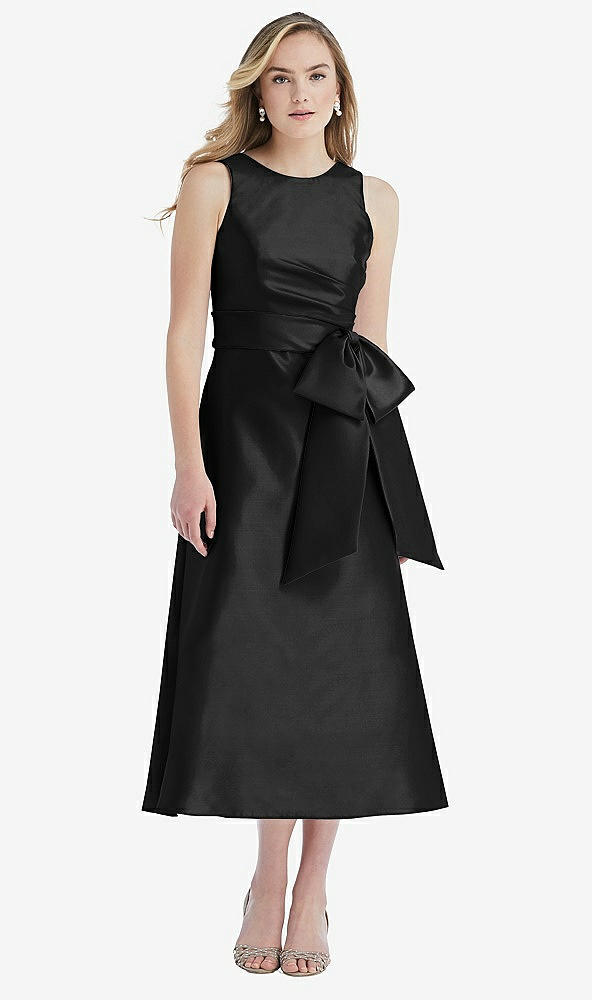 Front View - Black & Black High-Neck Bow-Waist Midi Dress with Pockets
