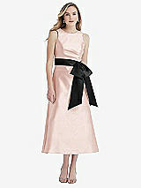 Front View Thumbnail - Blush & Black High-Neck Bow-Waist Midi Dress with Pockets