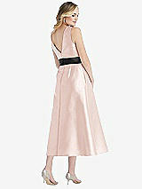 Rear View Thumbnail - Blush & Black High-Neck Bow-Waist Midi Dress with Pockets
