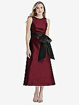 Front View Thumbnail - Cabernet & Black High-Neck Bow-Waist Midi Dress with Pockets