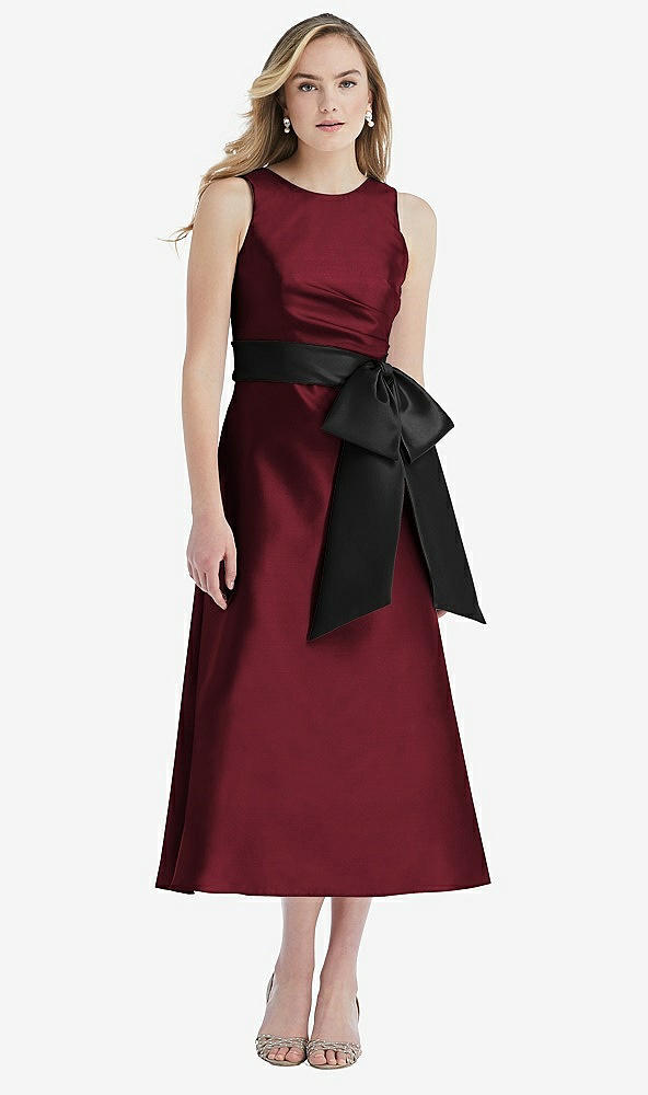 Front View - Cabernet & Black High-Neck Bow-Waist Midi Dress with Pockets