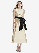 Front View Thumbnail - Champagne & Black High-Neck Bow-Waist Midi Dress with Pockets