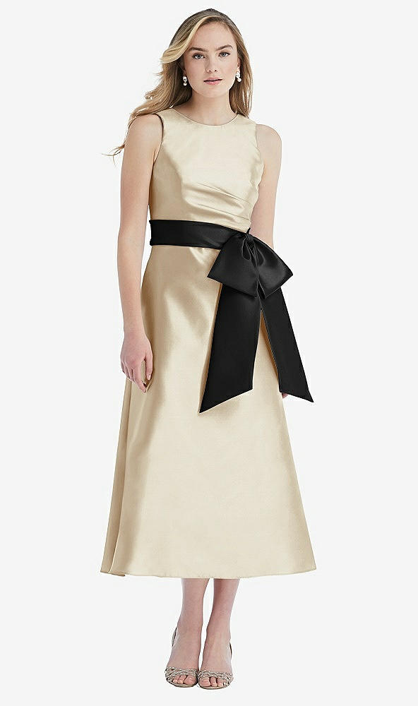 Front View - Champagne & Black High-Neck Bow-Waist Midi Dress with Pockets