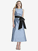 Front View Thumbnail - Cloudy & Black High-Neck Bow-Waist Midi Dress with Pockets