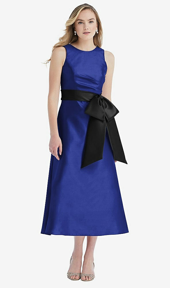 Front View - Cobalt Blue & Black High-Neck Bow-Waist Midi Dress with Pockets