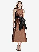 Front View Thumbnail - Cognac & Black High-Neck Bow-Waist Midi Dress with Pockets