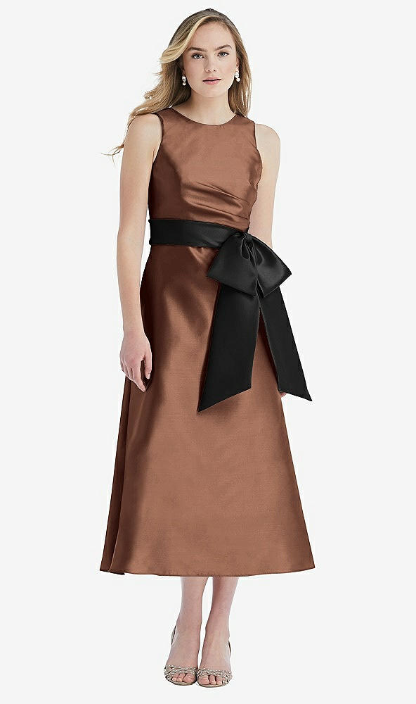 Front View - Cognac & Black High-Neck Bow-Waist Midi Dress with Pockets