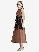 Side View Thumbnail - Cognac & Black High-Neck Bow-Waist Midi Dress with Pockets