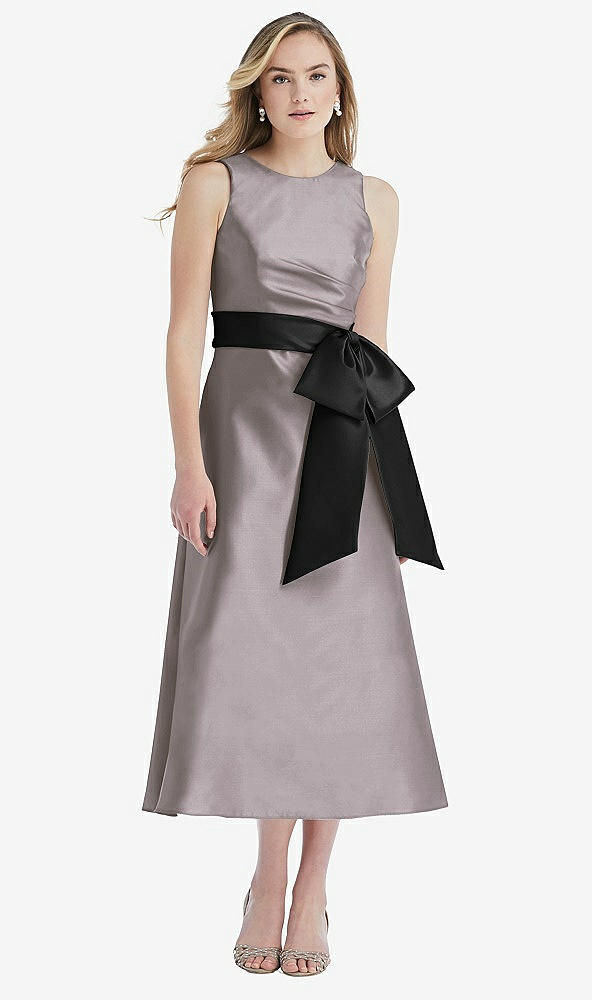 Front View - Cashmere Gray & Black High-Neck Bow-Waist Midi Dress with Pockets