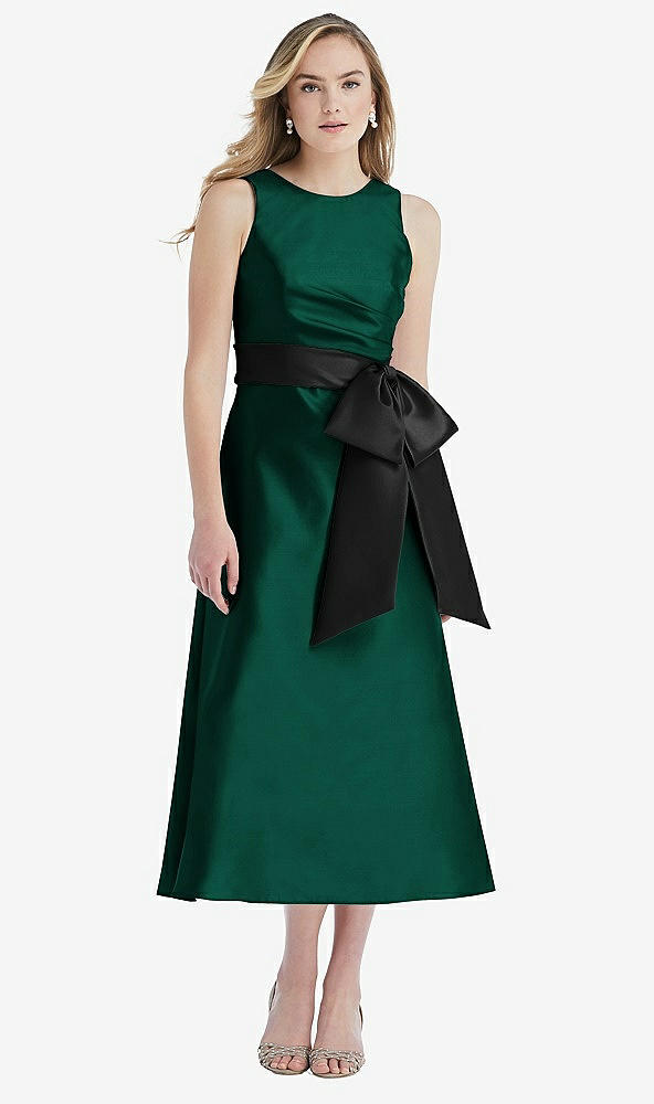 Front View - Hunter Green & Black High-Neck Bow-Waist Midi Dress with Pockets