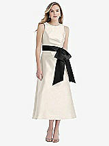 Front View Thumbnail - Ivory & Black High-Neck Bow-Waist Midi Dress with Pockets