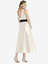 Rear View Thumbnail - Ivory & Black High-Neck Bow-Waist Midi Dress with Pockets