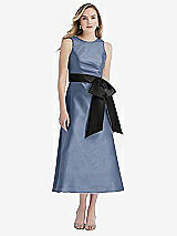 Front View Thumbnail - Larkspur Blue & Black High-Neck Bow-Waist Midi Dress with Pockets