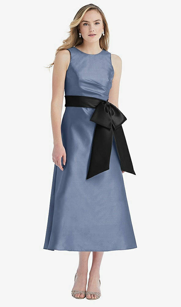 Front View - Larkspur Blue & Black High-Neck Bow-Waist Midi Dress with Pockets