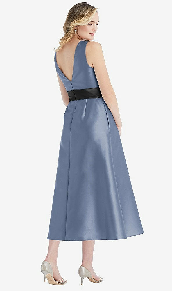 Back View - Larkspur Blue & Black High-Neck Bow-Waist Midi Dress with Pockets
