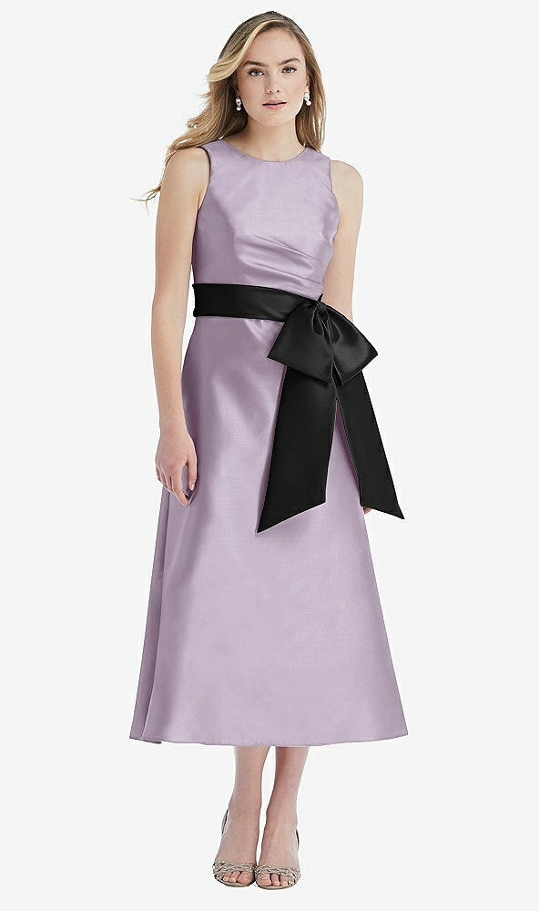 Front View - Lilac Haze & Black High-Neck Bow-Waist Midi Dress with Pockets
