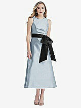 Front View Thumbnail - Mist & Black High-Neck Bow-Waist Midi Dress with Pockets