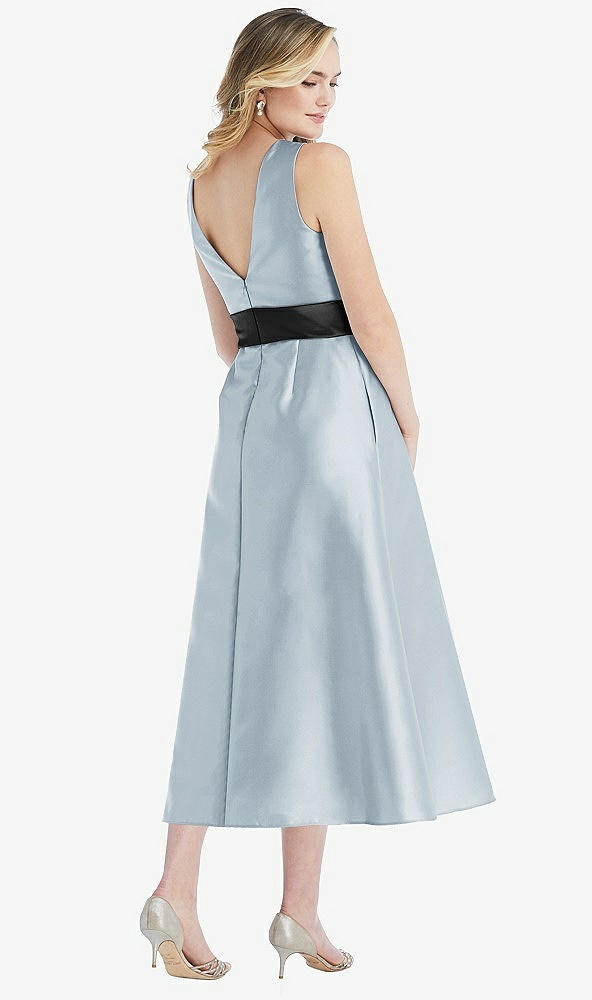 Back View - Mist & Black High-Neck Bow-Waist Midi Dress with Pockets