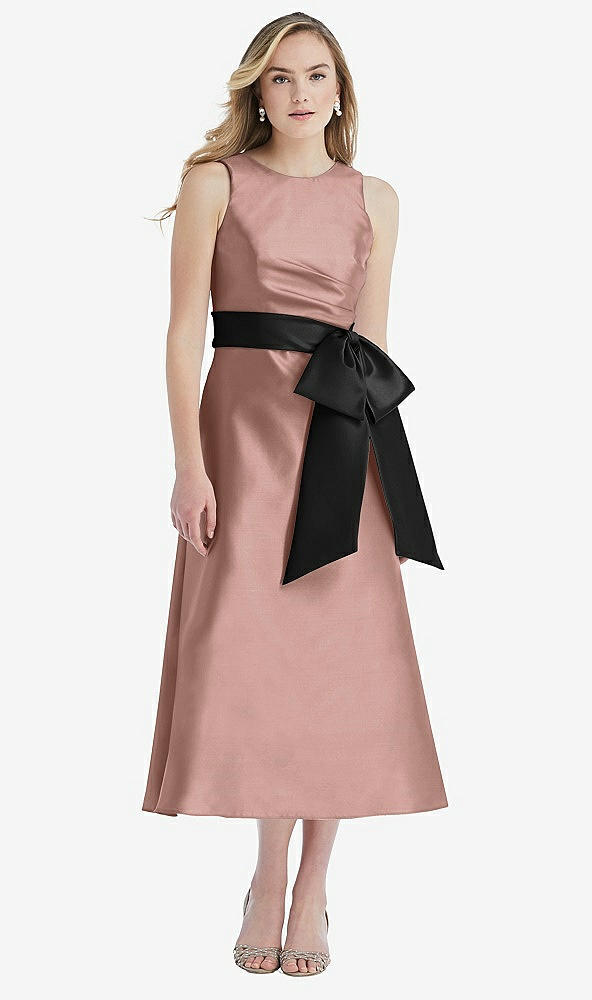 Front View - Neu Nude & Black High-Neck Bow-Waist Midi Dress with Pockets