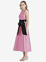 Side View Thumbnail - Powder Pink & Black High-Neck Bow-Waist Midi Dress with Pockets