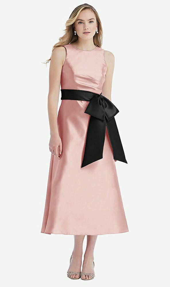Front View - Rose & Black High-Neck Bow-Waist Midi Dress with Pockets