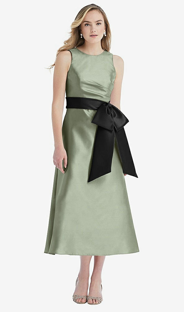 Front View - Sage & Black High-Neck Bow-Waist Midi Dress with Pockets