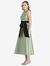 Side View Thumbnail - Sage & Black High-Neck Bow-Waist Midi Dress with Pockets