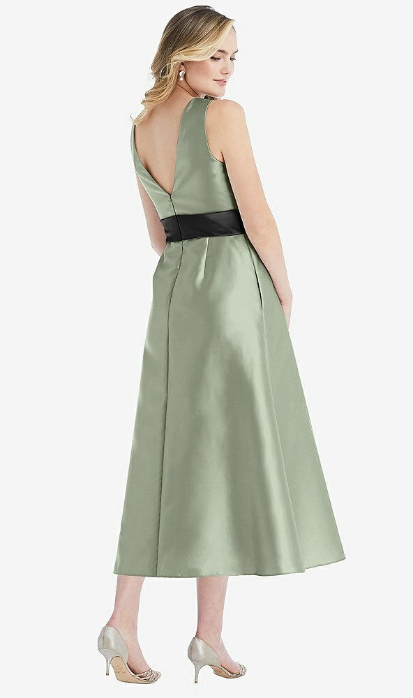 Back View - Sage & Black High-Neck Bow-Waist Midi Dress with Pockets