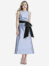Front View Thumbnail - Sky Blue & Black High-Neck Bow-Waist Midi Dress with Pockets