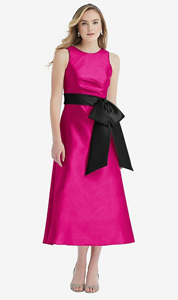 Front View - Think Pink & Black High-Neck Bow-Waist Midi Dress with Pockets