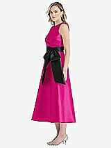 Side View Thumbnail - Think Pink & Black High-Neck Bow-Waist Midi Dress with Pockets