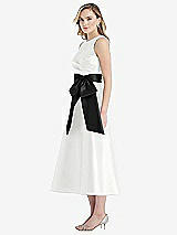 Side View Thumbnail - White & Black High-Neck Bow-Waist Midi Dress with Pockets