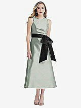 Front View Thumbnail - Willow Green & Black High-Neck Bow-Waist Midi Dress with Pockets