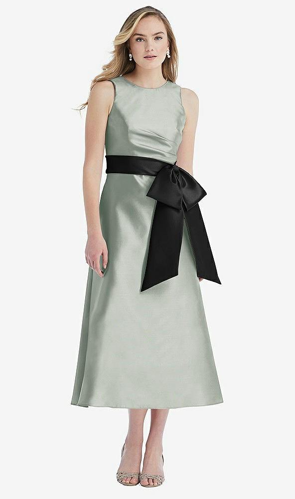 Front View - Willow Green & Black High-Neck Bow-Waist Midi Dress with Pockets