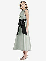 Side View Thumbnail - Willow Green & Black High-Neck Bow-Waist Midi Dress with Pockets