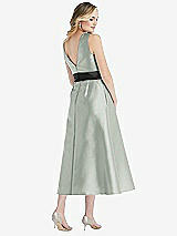 Rear View Thumbnail - Willow Green & Black High-Neck Bow-Waist Midi Dress with Pockets