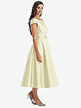 Front View Thumbnail - Butter Yellow Puff Sleeve Bow-Waist Full Skirt Satin Midi Dress