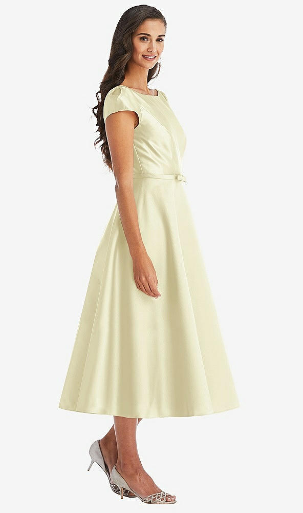 Front View - Butter Yellow Puff Sleeve Bow-Waist Full Skirt Satin Midi Dress