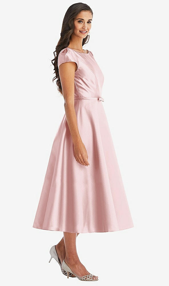 Front View - Ballet Pink Puff Sleeve Bow-Waist Full Skirt Satin Midi Dress