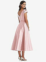 Rear View Thumbnail - Ballet Pink Puff Sleeve Bow-Waist Full Skirt Satin Midi Dress
